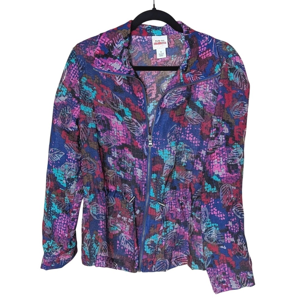 Ruby Rd. Favorites‎ Sheer Abstract Floral Zip Jacket Women's Size 8 Lightweight